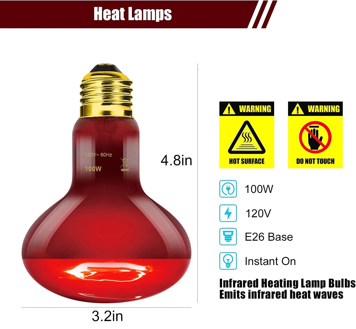 ECOSUB Reptile Heat Lamp 100W, 2Pcs E26 Basking Spot Light, Infrared Heat Lamp, Red