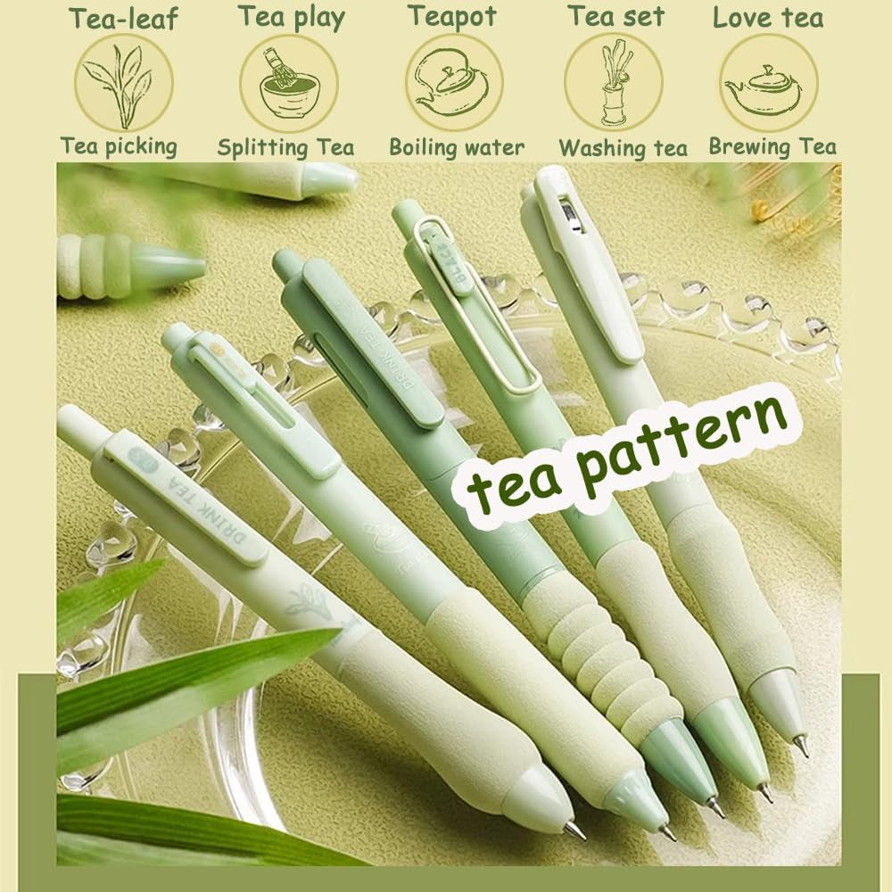 LSLSHY Cute Gel Pens 5Pcs Retractable Quick Dry Ink Pens 0.5Mm Fine Point Black Ink Kawaii Smooth Writing Pens for School Office Supplies Aesthetic Pretty Pens (Green Tea)