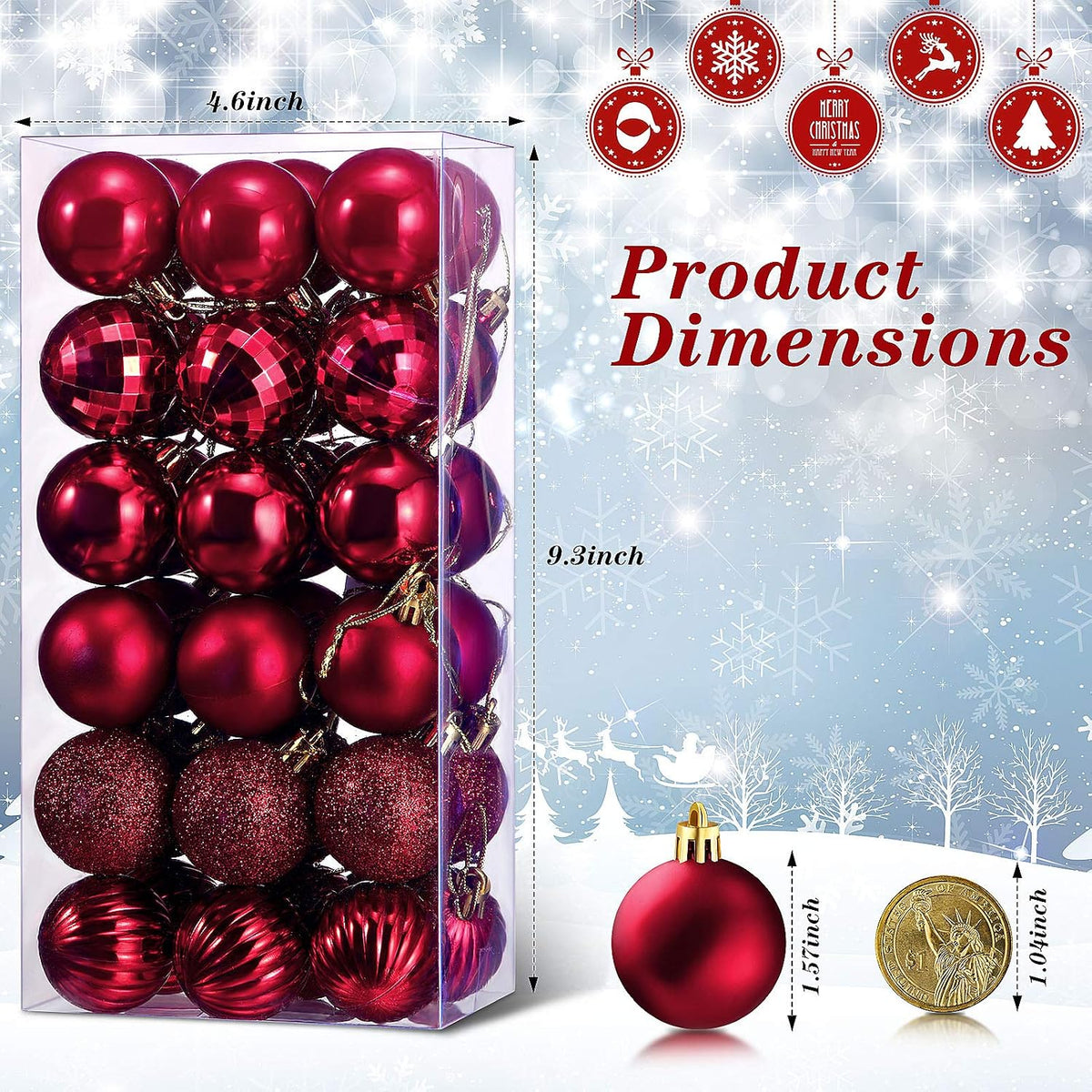 Hicarer 36 PC Christmas Ornaments, 1.57 Inch Shatterproof Burgundy Ball