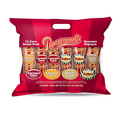 Popcornopolis Gourmet Popcorn Cone Variety Pack – Zebra Popcorn, Cheddar Cheese Popcorn, Caramel Popcorn & Kettle Corn Popcorn, Great for Gifting & Sharing, (12-Count)
