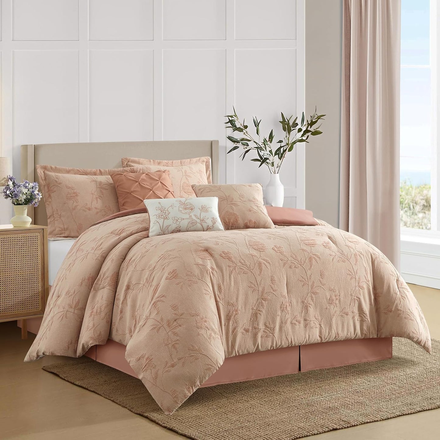 Stratford Park Floral Blush Comforter Set, Cotton Blend Jacquard Bedding Set, 7 Piece California King Size Bedding, Matching Bedskirt, Pillows, Shams