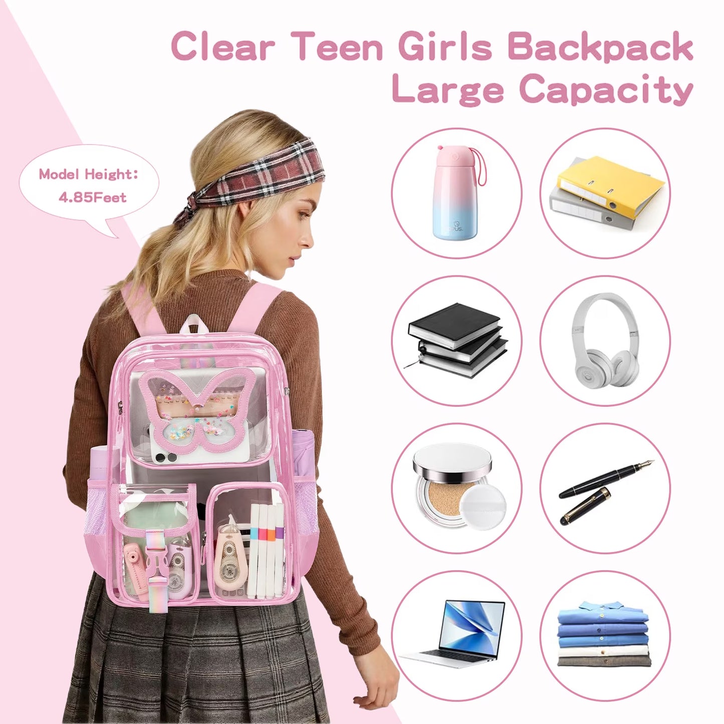 SANMADROLA Clear Backpack Heavy Duty Transparent Bookbag Teen Girlish Cute Bag Large Capacity See through Backpacks Stadium Approved Daypack for Middle School College Sport/Travel, Pink Butterfly