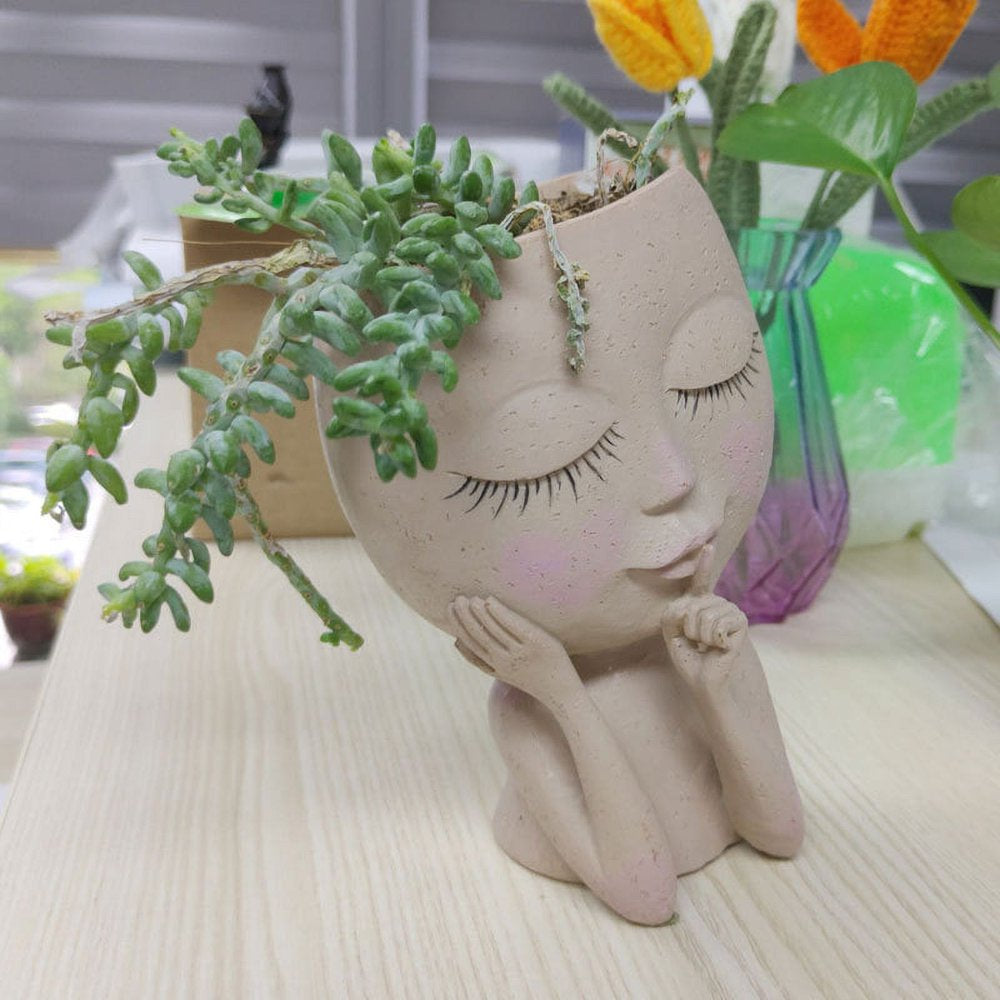 Face Head Planter Succulent Plant Flower Pot Resin Container with Drain Holes Flowerpot Figure Garden Decor Tabletop Ornament