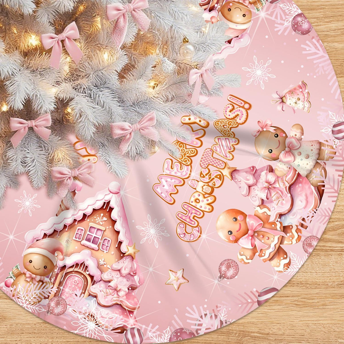 Pink Christmas Tree Skirt 48 Inch, Gingerbread Candy Cane Xmas Tree Decor