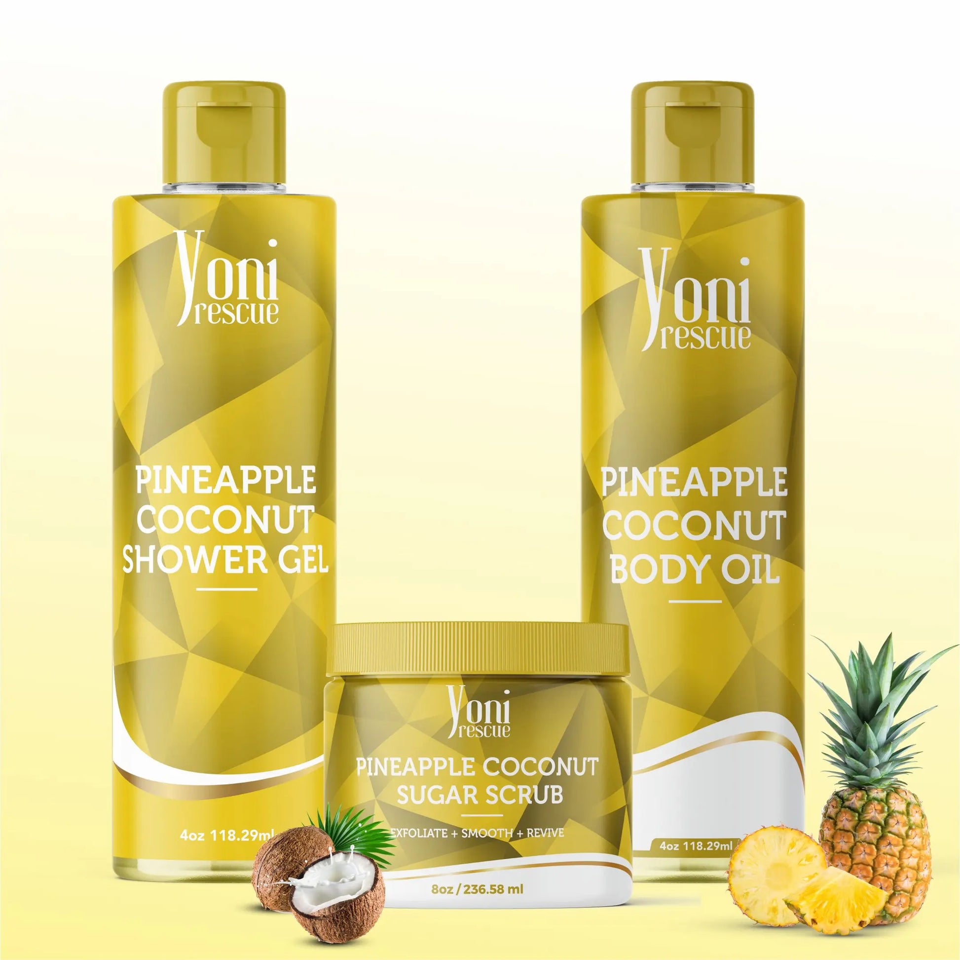 Pineapple Coconut Body & Bath Care Set- Shower Gel(4Oz), Body Essential Oil(4Oz) 100% All Natural with Sugar Scrubs(8Oz) by Yoni Rescue