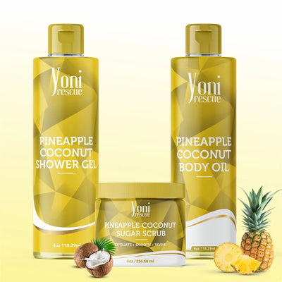 Pineapple Coconut Body & Bath Care Set- Shower Gel(4Oz), Body Essential Oil(4Oz) 100% All Natural with Sugar Scrubs(8Oz) by Yoni Rescue