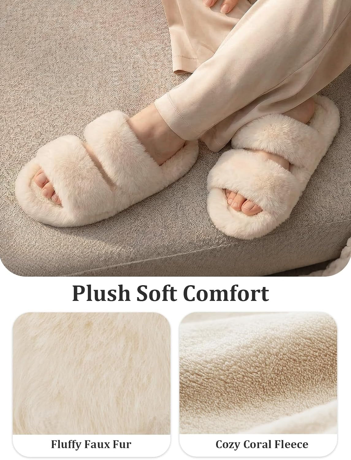 Familyfairy Women'S Fluffy Faux Fur Slippers Comfy Open Toe Two Band Slides with Fleece Lining and Rubber Sole