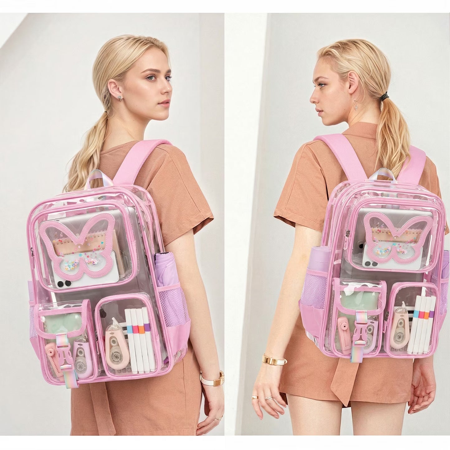SANMADROLA Clear Backpack Heavy Duty Transparent Bookbag Teen Girlish Cute Bag Large Capacity See through Backpacks Stadium Approved Daypack for Middle School College Sport/Travel, Pink Butterfly
