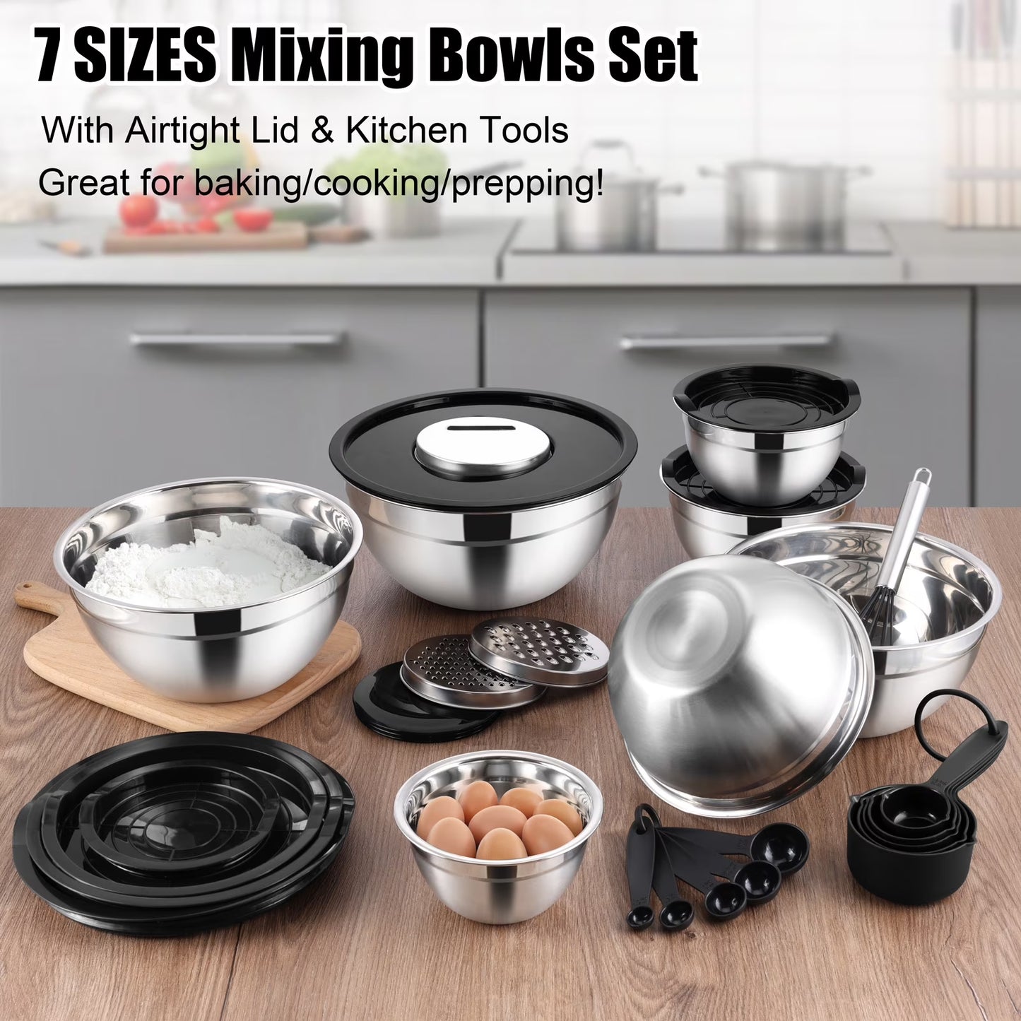 Vesteel 35PCS Mixing Bowls with Lids Set, Stainless Steel Nesting Salad Prep Bowls Attach with 3 Graters & Kitchen Utensils for Mixing Serving Grating, Size 4.5/3.5/3/2.5/1.5/1.2/0.7 QT, Black