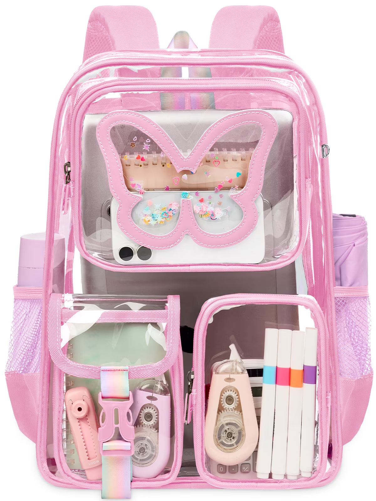 SANMADROLA Clear Backpack Heavy Duty Transparent Bookbag Teen Girlish Cute Bag Large Capacity See through Backpacks Stadium Approved Daypack for Middle School College Sport/Travel, Pink Butterfly