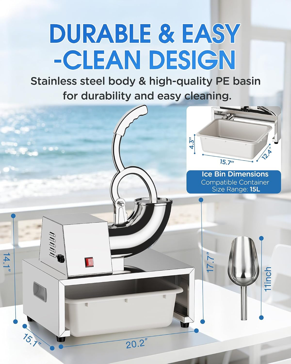 Commercial Snow Cone Machine, 440LB/H Professional Shaved Ice Machine, 350W Electric Ice Crusher, Silver Stainless Steel, Fluffy Shave Ice Machines for Home, Parties, Dessert Shops & Bars