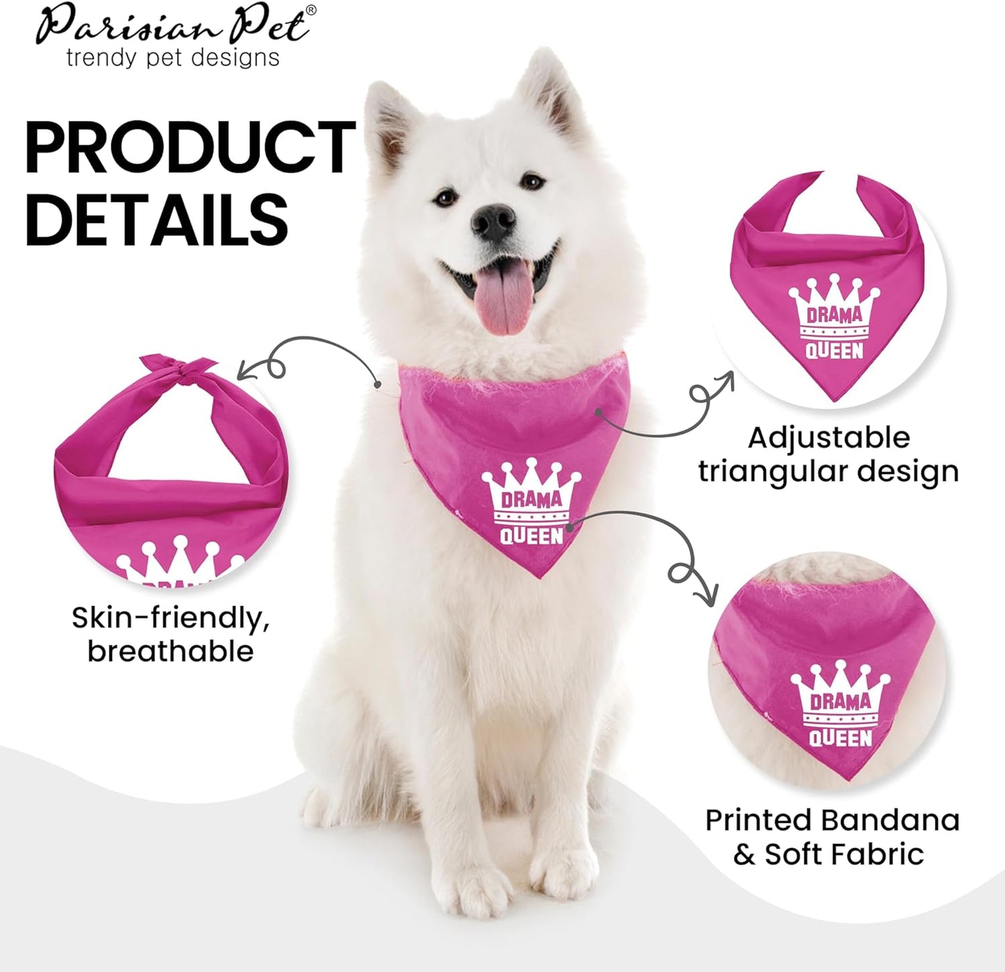 Parisian Pet Pink Dog Bandanas - Adjustable Drama Queen Puppy Bandana - Girl Dog Accessories - Breathable and Stylish Dogs Kerchief - Triangle Pet Scarves - Small Dogs Bandana - Bib for Pets