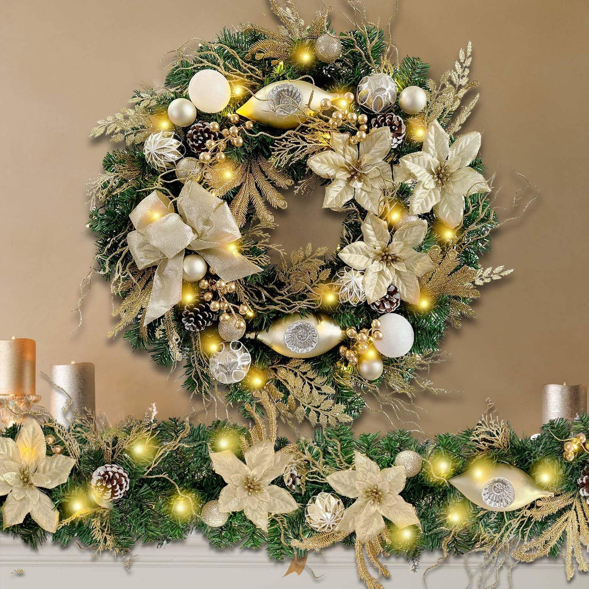 WANNA-CUL Pre-Lit 24 Inch Champagne Gold Christmas Wreath for Front Door