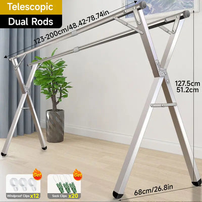 78.75In/94.5In X-Frame Heavy-Duty Clothes Drying Rack, Foldable Telescopic Stainless Steel Freestanding Laundry Rack with Windproof Sock Clips, Space Saving for Indoor Outdoor Balcony