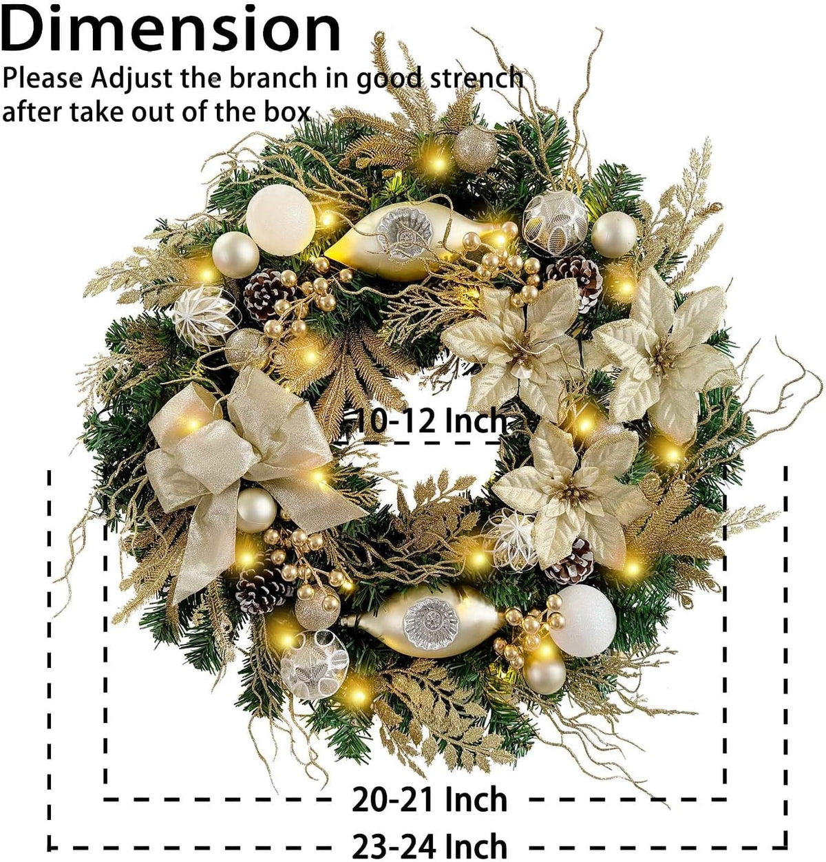 WANNA-CUL Pre-Lit 24 Inch Champagne Gold Christmas Wreath for Front Door