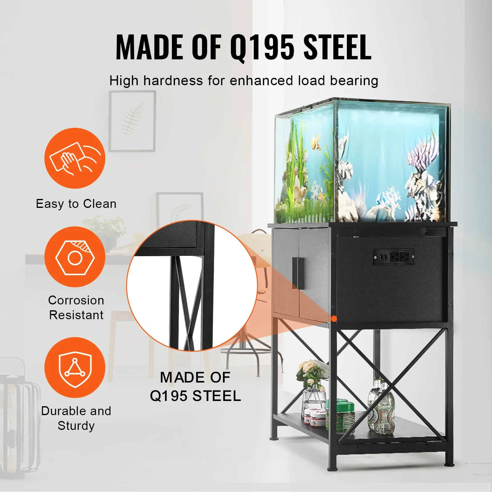 Aquarium Stand, 29 Gallon Fish Tank Stand, 28.7 X 16.5 X 30 in Steel and MDF Turtle Tank Stand, 242.5 Lbs Load Capacity, Reptile Tank Stand with Storage Cabinet and Embedded Power Panel, Black