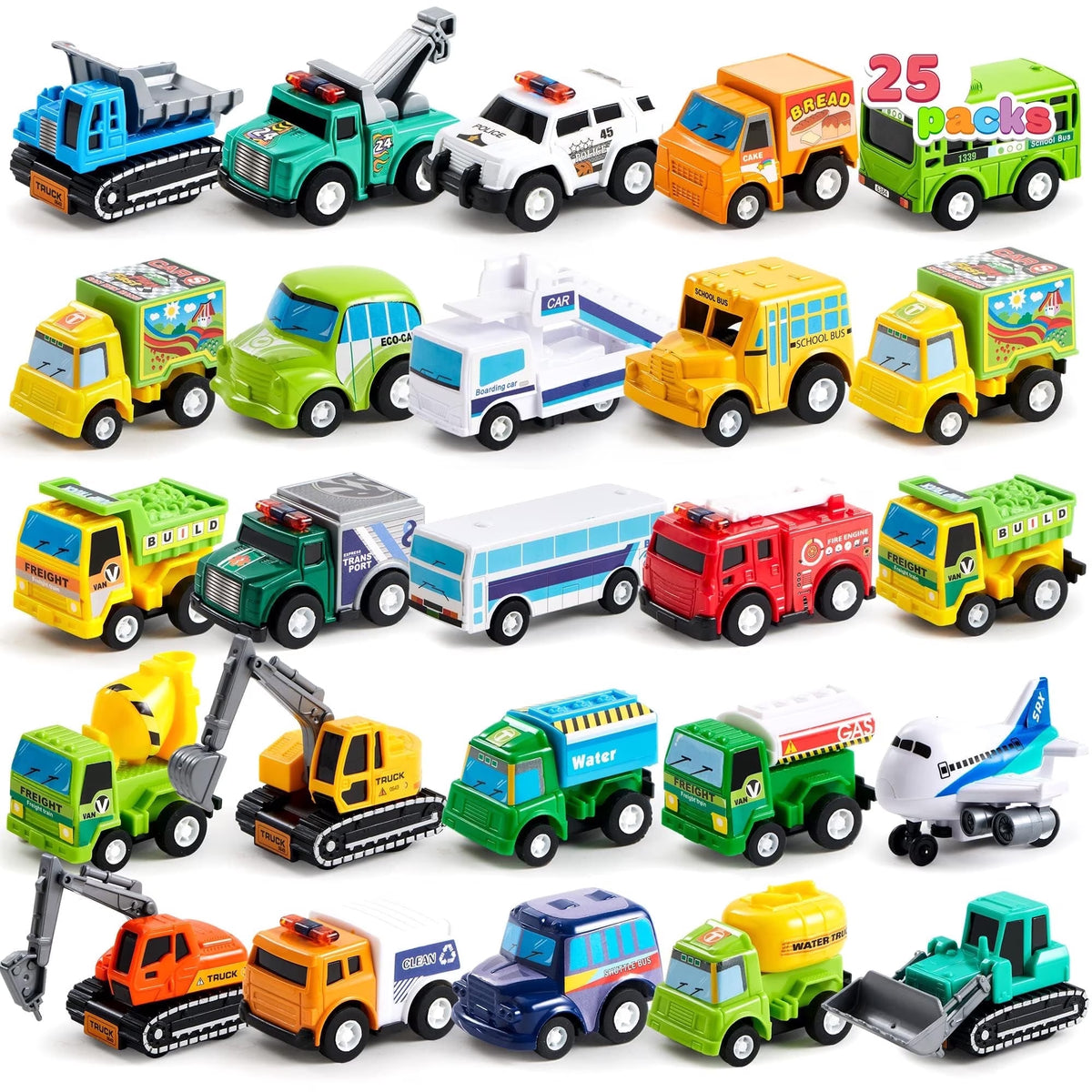 JOYFY 25 Pcs Kids Toy Cars Bulk, Pull Back Cars and Trucks Play Vehicles Set, Mini Excavator Party Favors Birthday Gift for Boys and Girls
