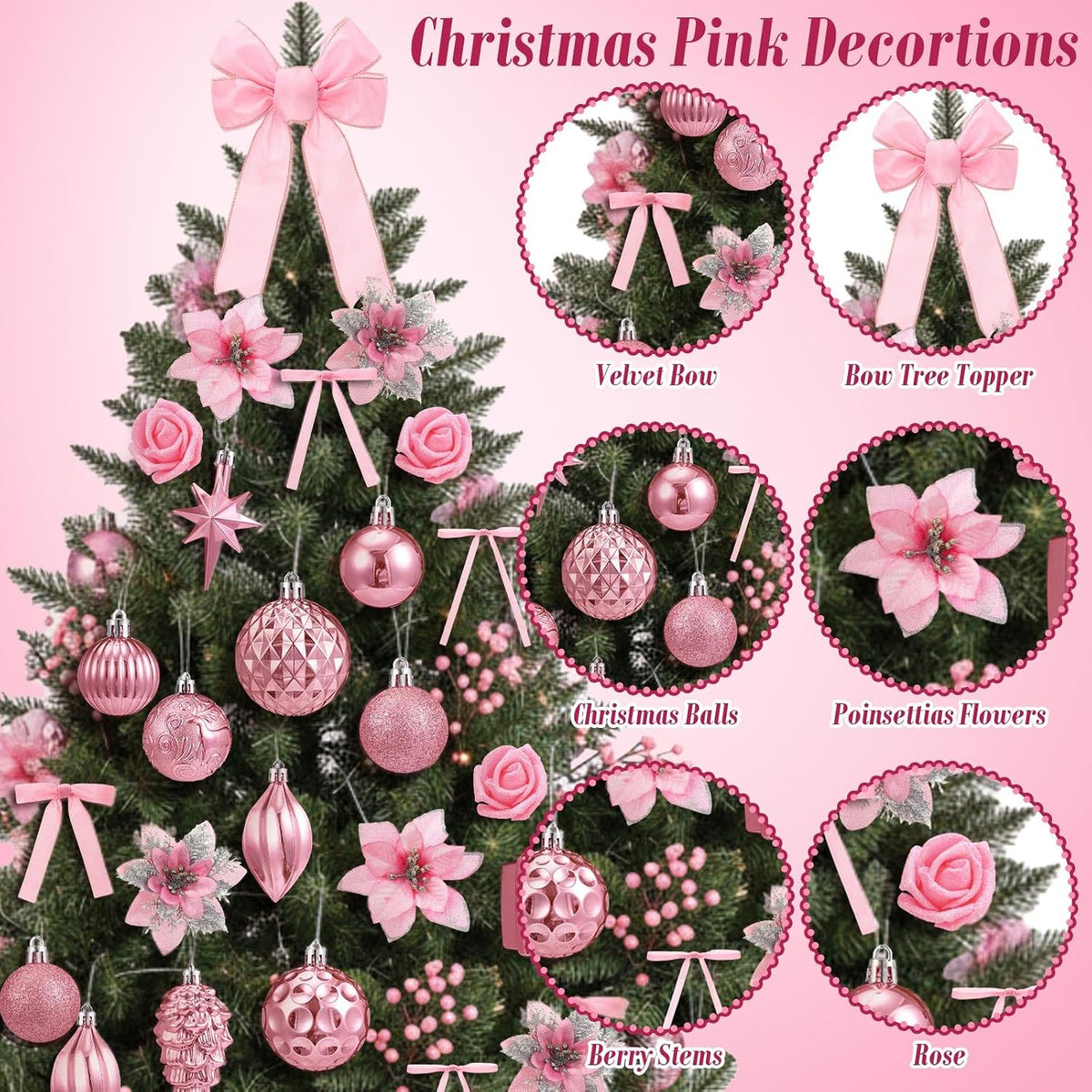 111 Pcs Pink Christmas Ornaments, Bow Topper Ball Poinsettia Rose