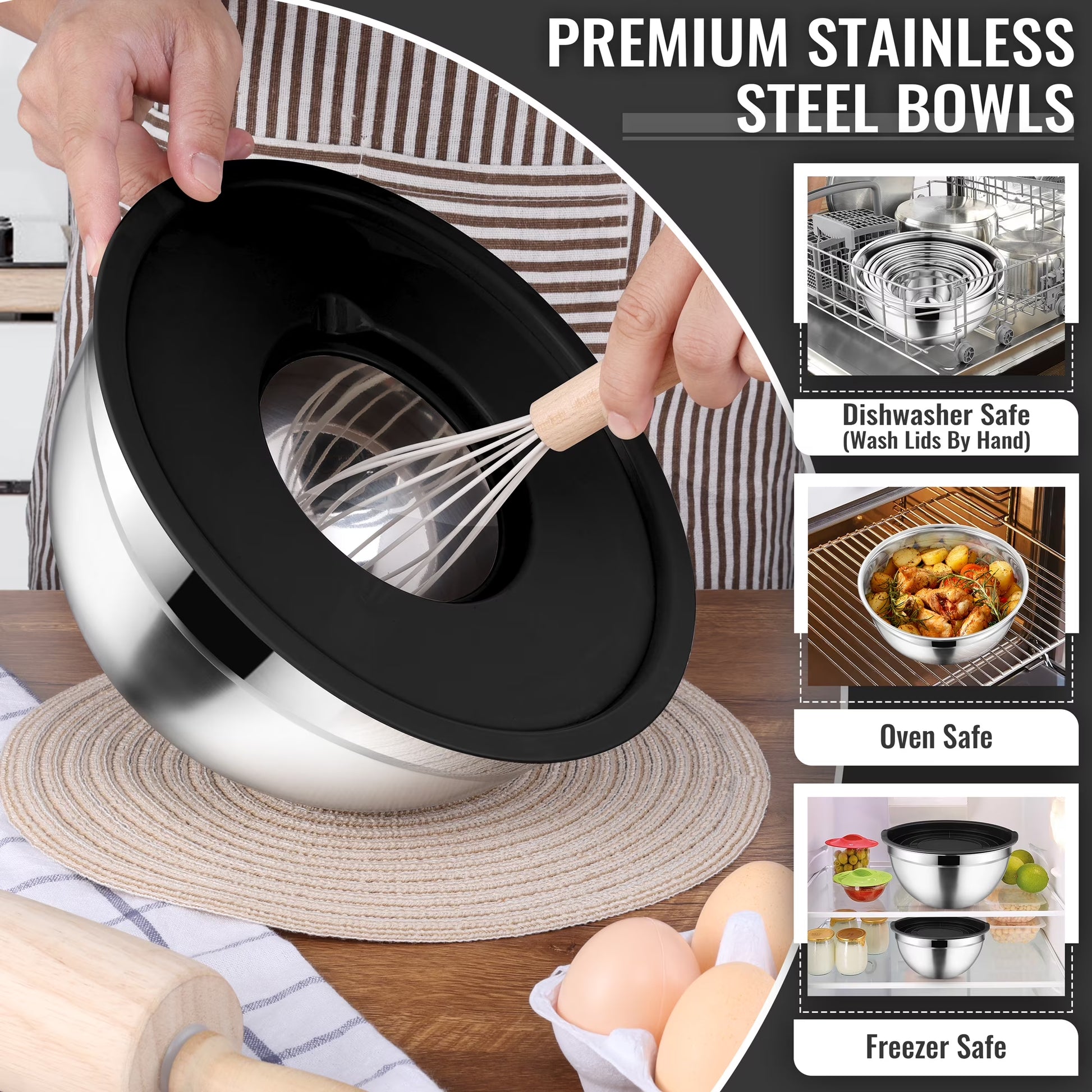 Vesteel 35PCS Mixing Bowls with Lids Set, Stainless Steel Nesting Salad Prep Bowls Attach with 3 Graters & Kitchen Utensils for Mixing Serving Grating, Size 4.5/3.5/3/2.5/1.5/1.2/0.7 QT, Black
