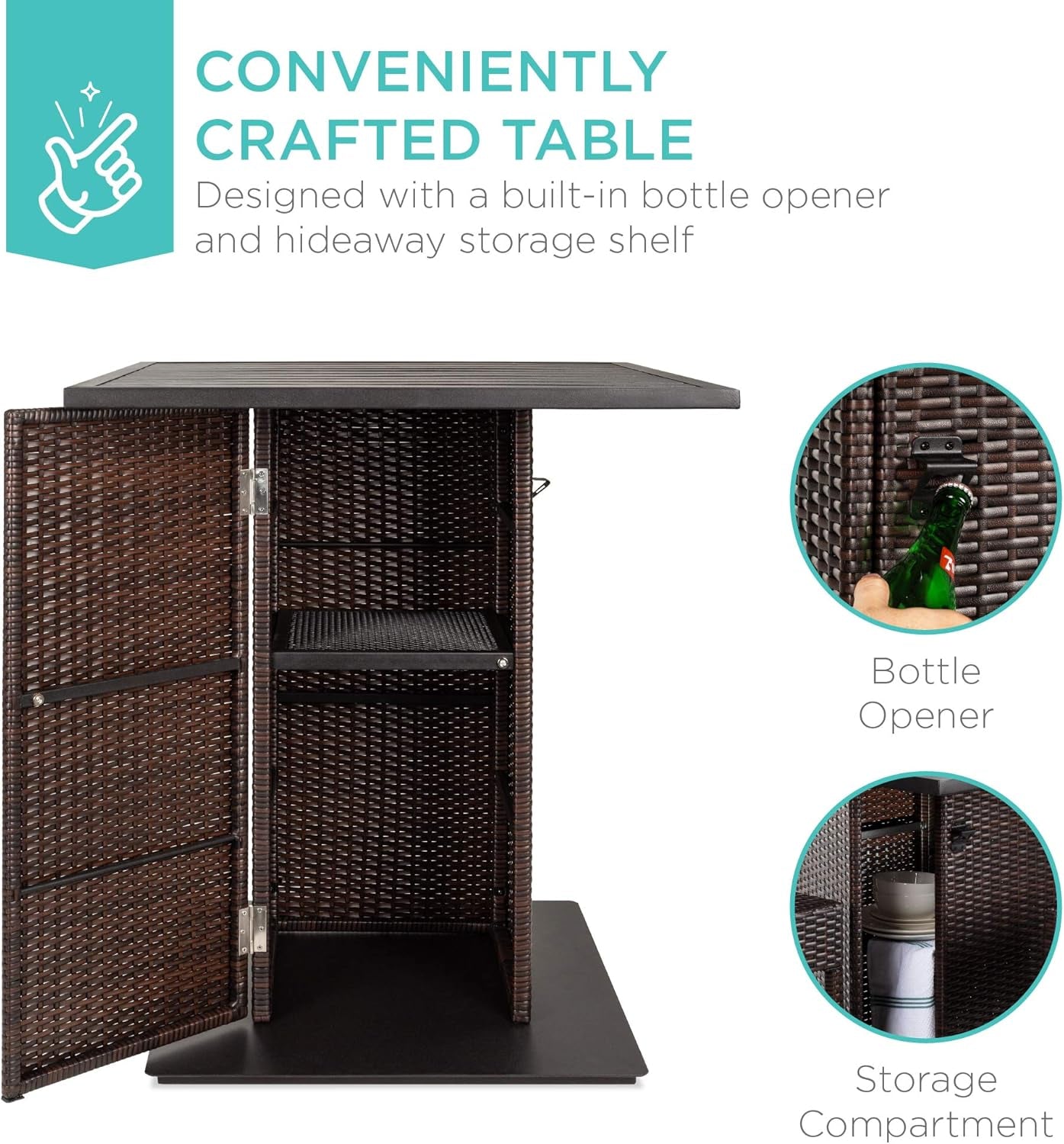 Best Choice Products 5-Piece Outdoor Wicker Bar Table Set for Patio, Poolside, Backyard W/Built-In Bottle Opener, Hidden Storage Shelf, Metal Tabletop, 4 Stools - Brown