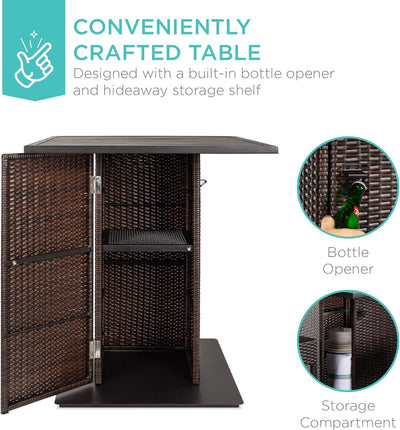 Best Choice Products 5-Piece Outdoor Wicker Bar Table Set for Patio, Poolside, Backyard W/Built-In Bottle Opener, Hidden Storage Shelf, Metal Tabletop, 4 Stools - Brown