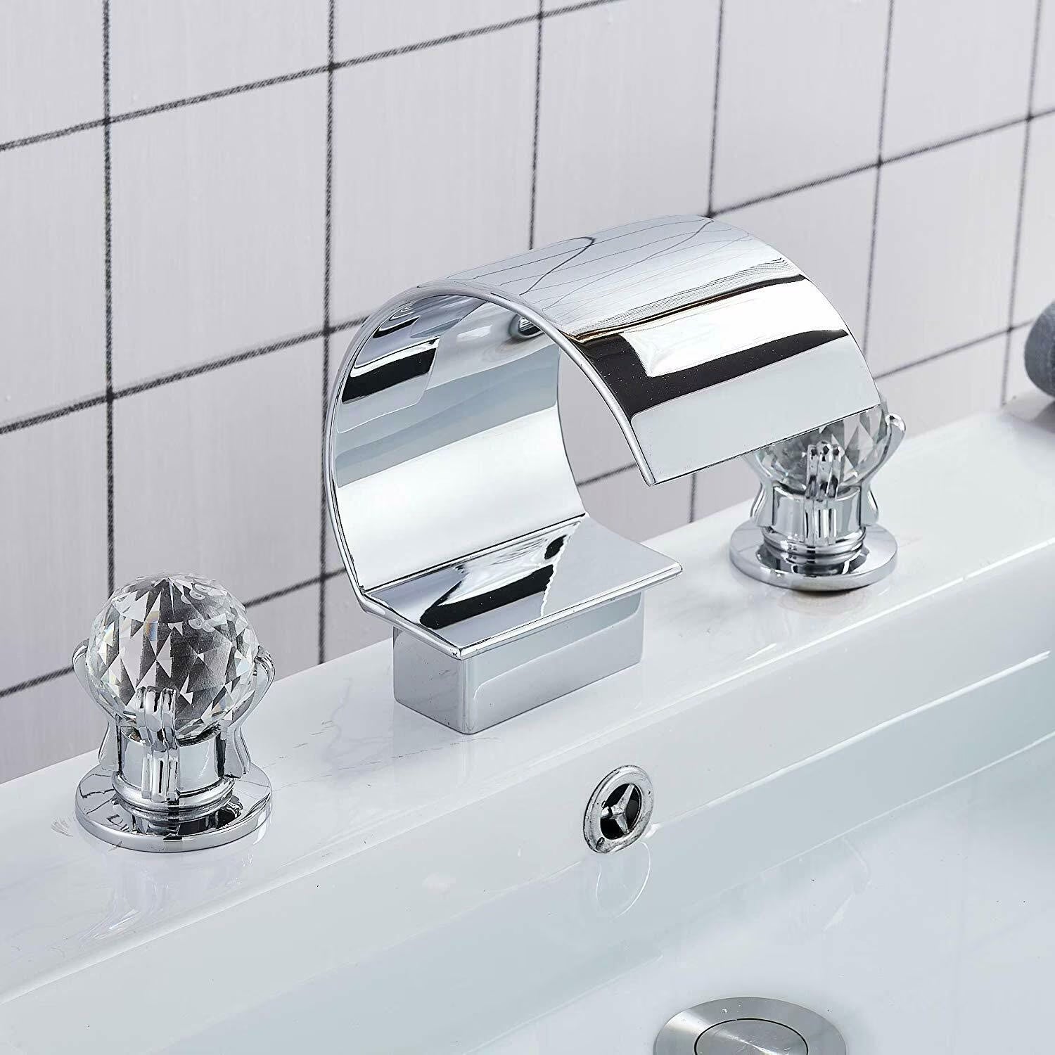 Widespread Bathroom Basin Faucet Crystal Handle Sink Mixer Tap Chrome Finish