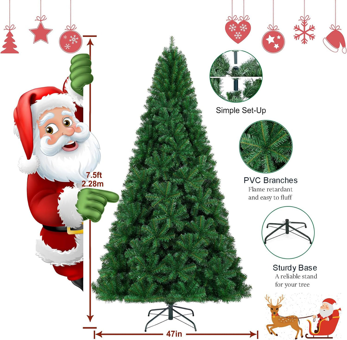 KTKDE 7.5Ft Artificial Christmas Tree Is a Green One with 1450 Tips and 200 Battery-Powered LED Columns. It Features 7.87-Inch Golden Five Pointed Star and Is Perfect for Family and Office Gatherings