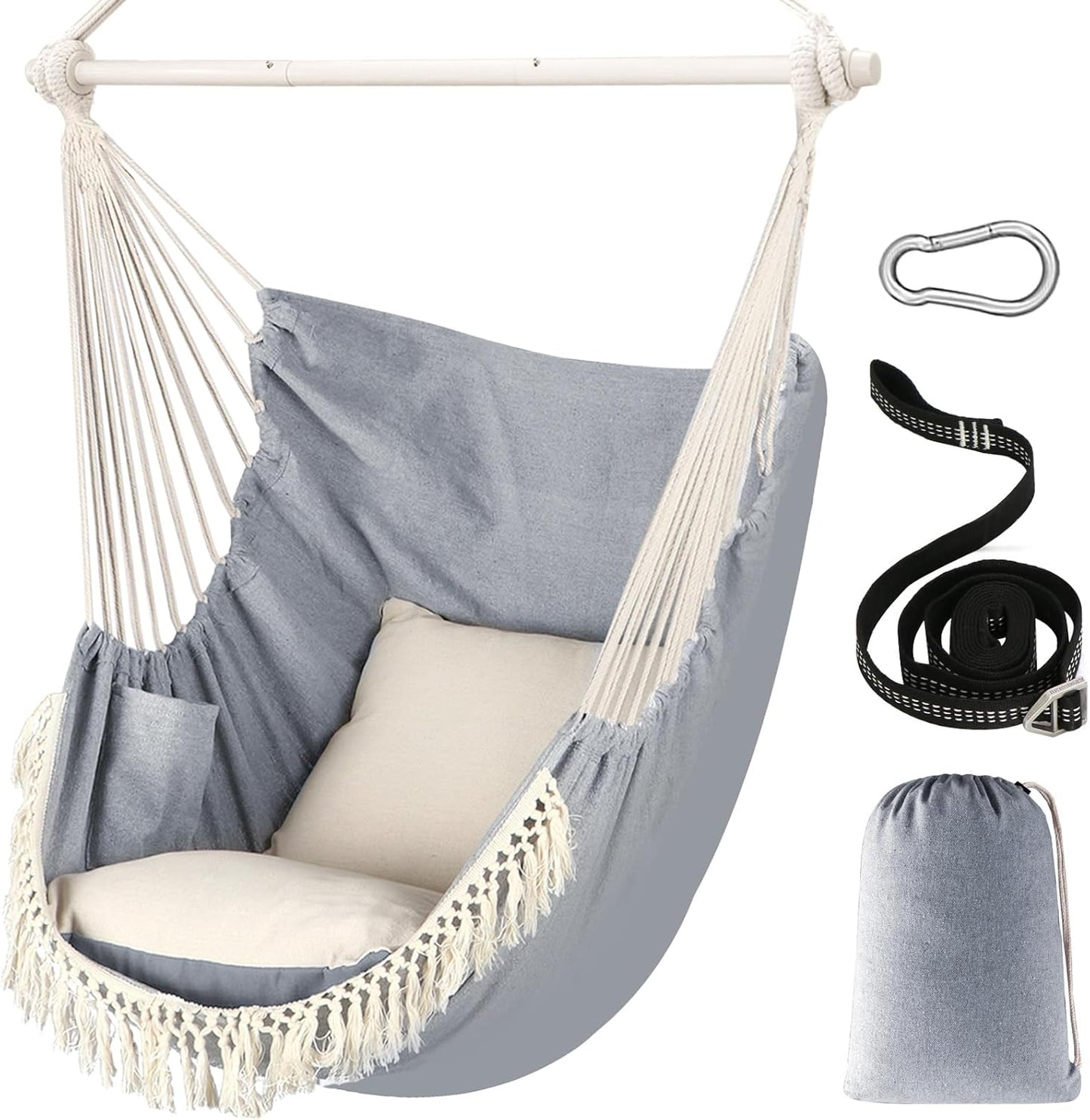 Chihee Hammock Chair Hanging Swing Max 500 Lbs 2 Cushions Included Metal Spreader Bar with Anti-Slip Grooves Portable Hanging Chair Side Pocket Large Macrame Bohemian Chair Indoor Outdoor