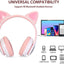 TCJJ Kids Wireless Headphones Cat Ear LED Light up Bluetooth Foldable Headphones over Ear W/Microphone for Online Distant Learning (Pink)