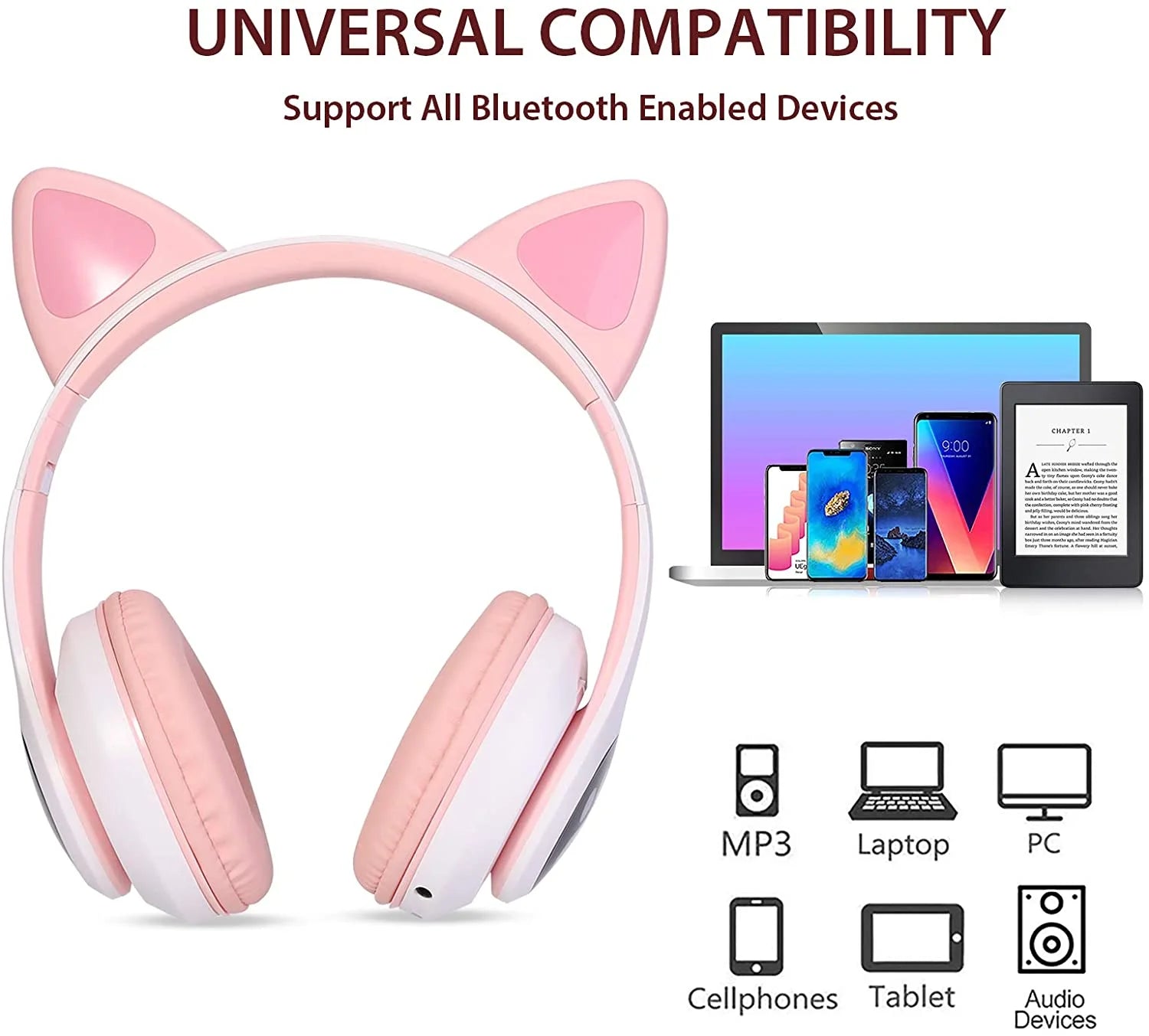 TCJJ Kids Wireless Headphones Cat Ear LED Light up Bluetooth Foldable Headphones over Ear W/Microphone for Online Distant Learning (Pink)