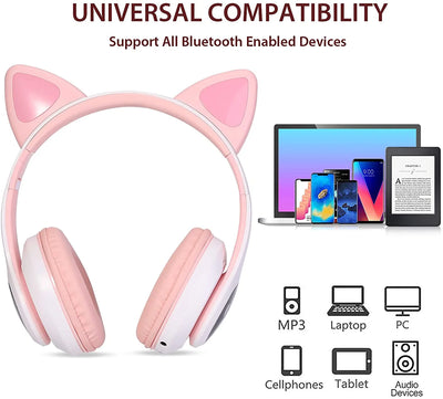 TCJJ Kids Wireless Headphones Cat Ear LED Light up Bluetooth Foldable Headphones over Ear W/Microphone for Online Distant Learning (Pink)