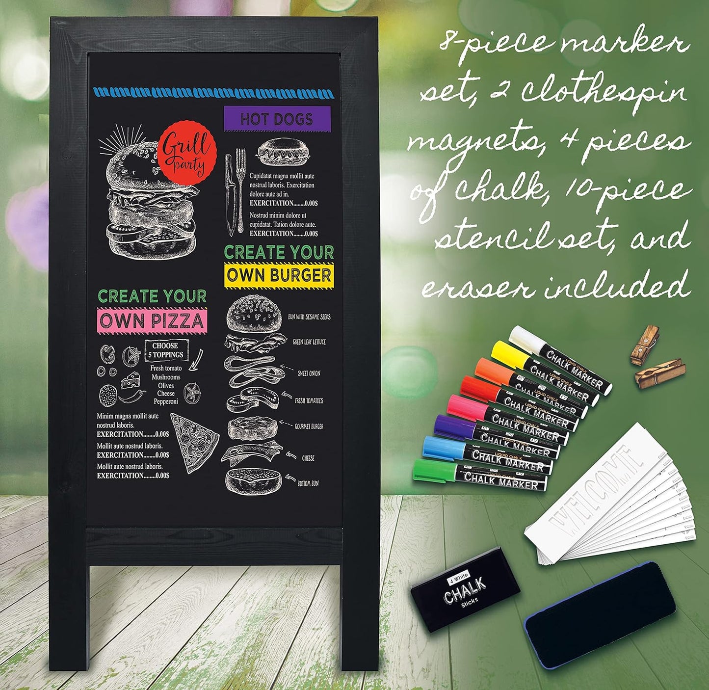 Better Office Products Magnetic A-Frame Chalkboard Sign, Extra Large 20" X 40", Standing Chalkboard Easel, Deluxe Set with Multiple Accessories, Outdoor Sidewalk Sandwich Board Sign,(Black)