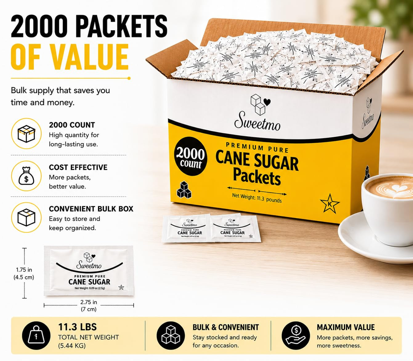 Sweetmo Sugar Packets 2000 Count – Pure Cane White Granulated Sugar Packets, Individual Wrapped, Bulk Packets for Coffee, Restaurants, Office, Cafés & Food Service