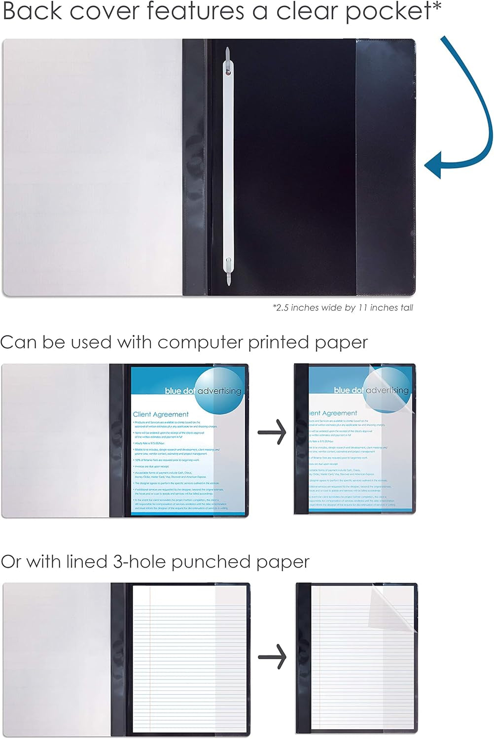 Better Office Products Ultra Durable Clear Front Report Covers, 25 per Box, Letter Size, Black, Poly Back Cover, with Fasteners, Lay Flat, Box of 25