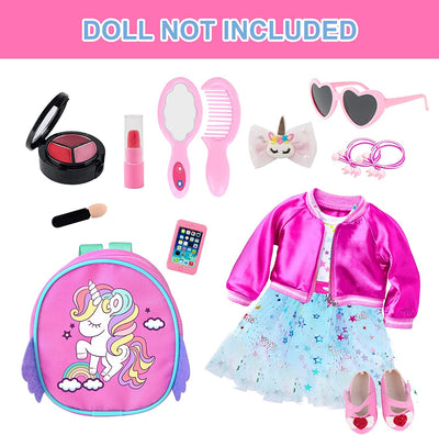 American 18 Inch Doll Clothes and Makeup Accessories Set Includes Clothes Backpack Sunglasses Phone Shoes Comb Mirror Eye Shadow Lipstick Hair Clip Hair Tie(Doll NOT Included)