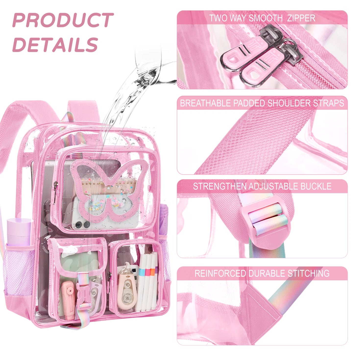 SANMADROLA Clear Backpack Heavy Duty Transparent Bookbag Teen Girlish Cute Bag Large Capacity See through Backpacks Stadium Approved Daypack for Middle School College Sport/Travel, Pink Butterfly