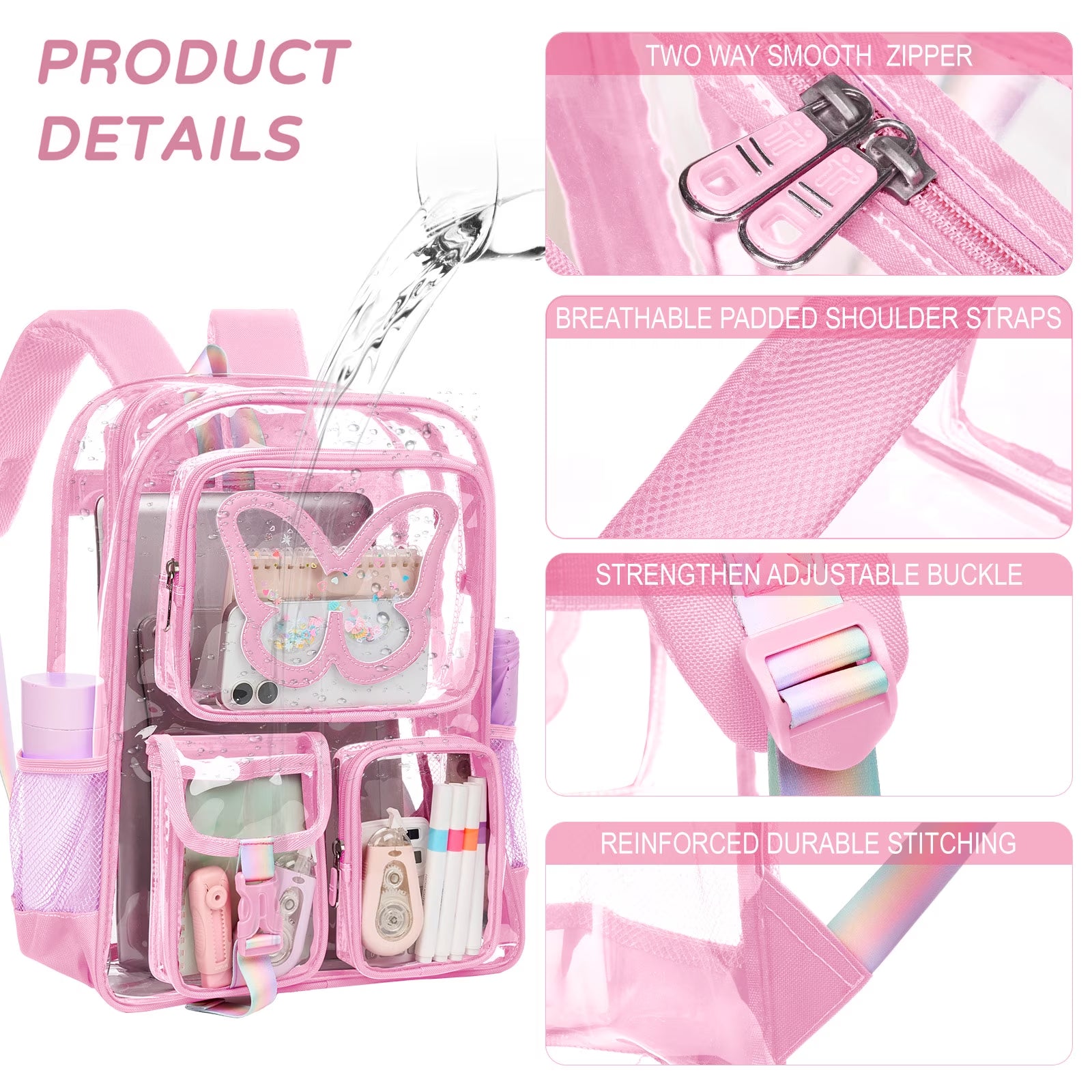 SANMADROLA Clear Backpack Heavy Duty Transparent Bookbag Teen Girlish Cute Bag Large Capacity See through Backpacks Stadium Approved Daypack for Middle School College Sport/Travel, Pink Butterfly