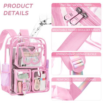 SANMADROLA Clear Backpack Heavy Duty Transparent Bookbag Teen Girlish Cute Bag Large Capacity See through Backpacks Stadium Approved Daypack for Middle School College Sport/Travel, Pink Butterfly