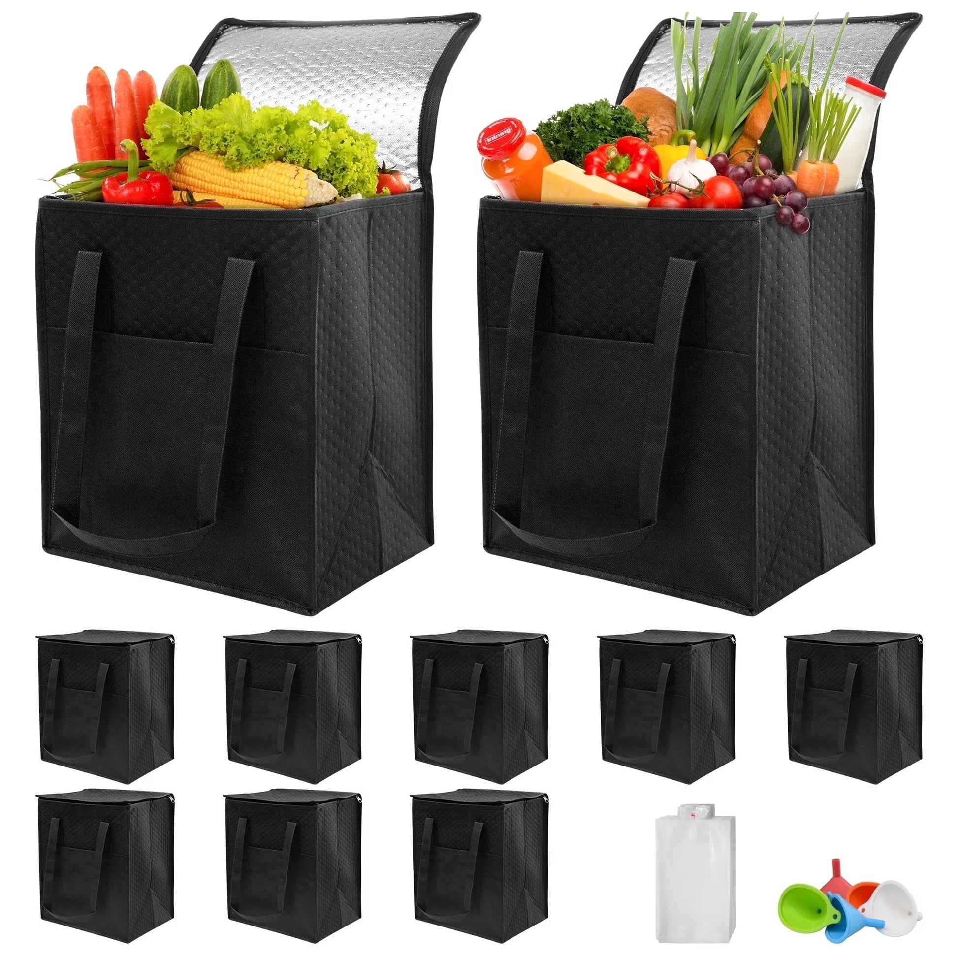 Sentryse 10-Pack Insulated Grocery Bags with Zipper, Large Reusable Cooler Bags for Frozen Food, Grocery Shopping, Meal Transport, Picnic & Travel + 40 Ice Packs & 5 Funnels