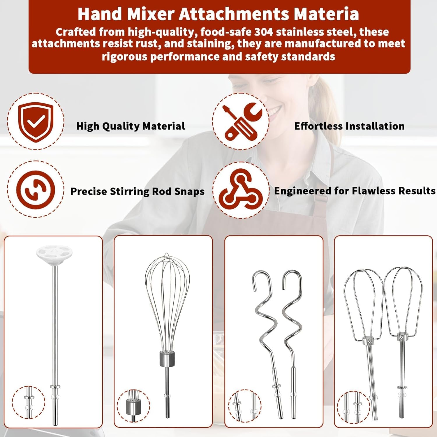 Hand Mixer Beater Attachments for Kitchenaid Set of 6 | Including Turbo Beater, Pro Whisk, Dough Hooks, Blending Rod Compatible with KHM512 KHM6118 KHM7210 KHM926
