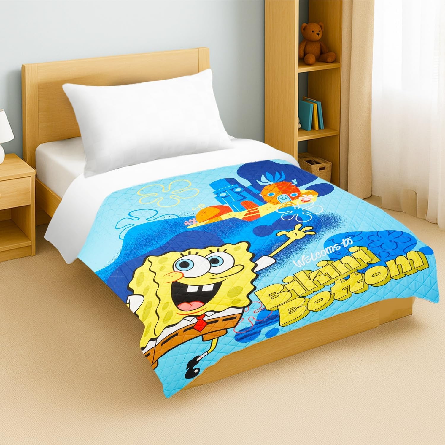 Spongebob Bedspread Twin Set for Kids - Bundle with Quilted Bedspread for Full Bed plus Stickers, More | Spongebob Twin Bedding Set for Boys, Girls