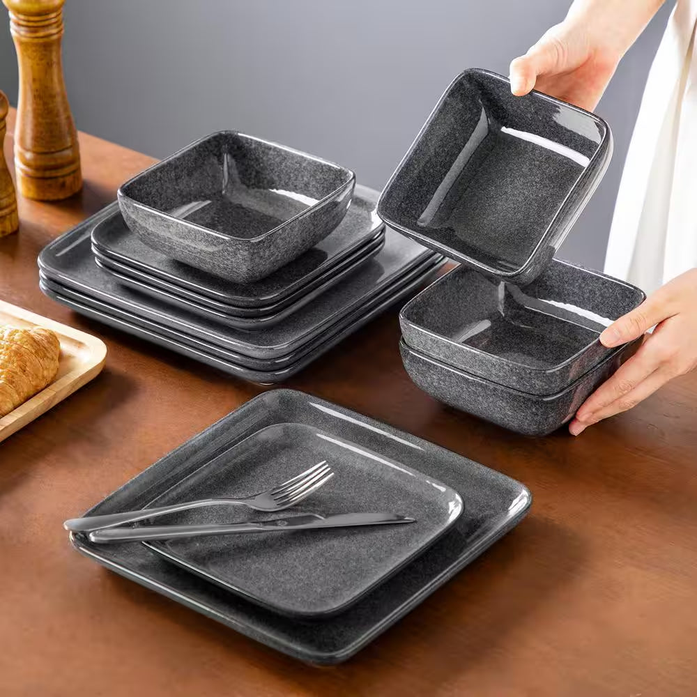 12-Piece Gray Stoneware Dinnerware Set Bowls and Plates Set Service for 4