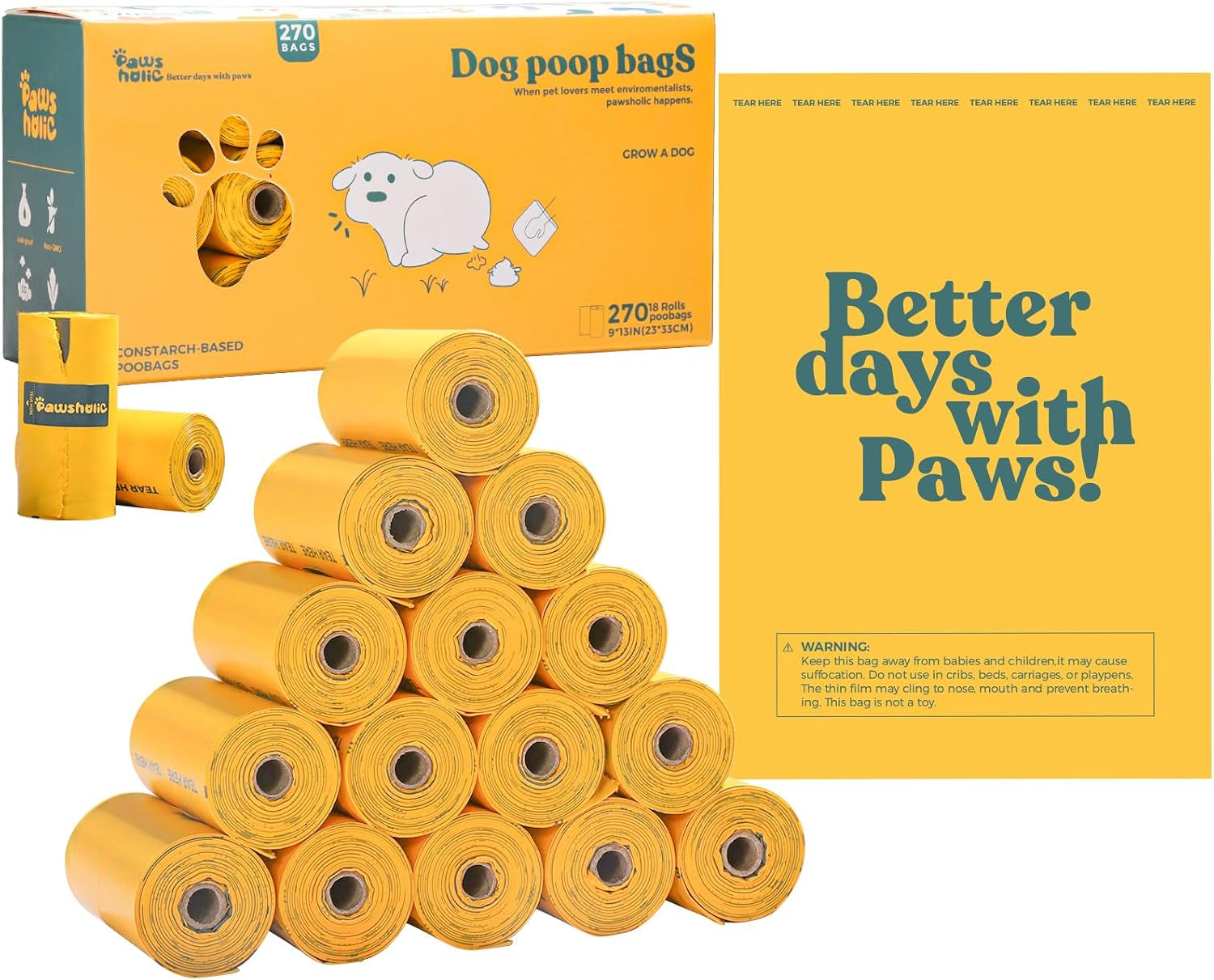 Dog Poop Bags Rolls Extra Thick and Guaranteed Leak Proof Poop Bags for Dogs,270 Count 18 Rolls,Unscented,Cornstarch Based Doggie Poop Bag for Puppy and Big Dogs