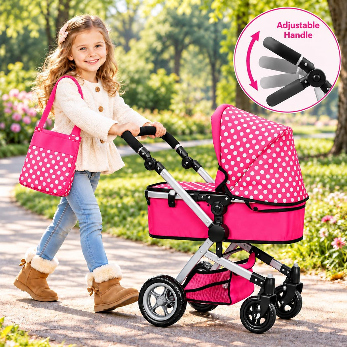 Fash N Kolor Foldable Pram for Baby Doll with Polka Dots Design with Swiveling Wheel Adjustable Handle
