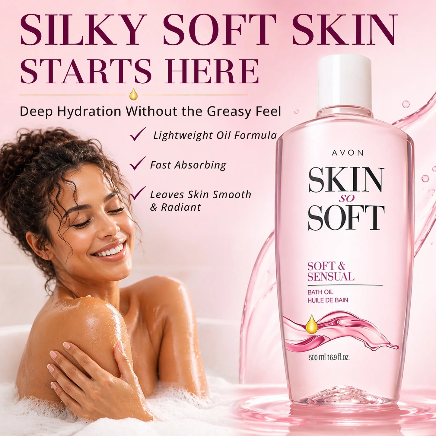 Avon Skin so Soft Soft and Sensual Moisturizing Bath Oil for Women with Argan Oil, 16.9 Fl Oz