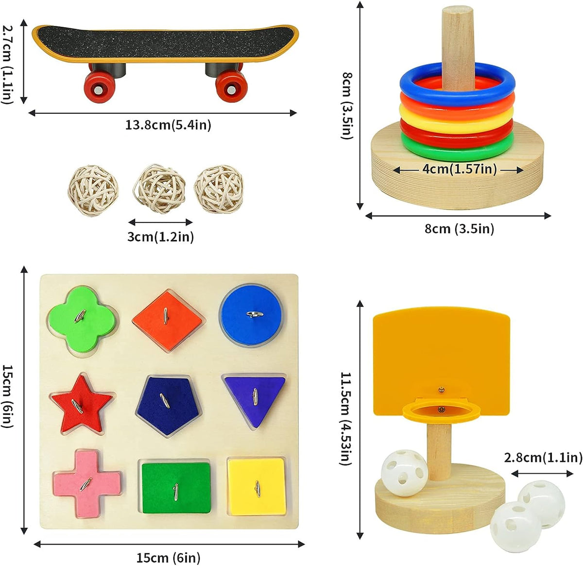 Bird Toys for Parakeets,5Pcs Parrot Toys Set (Include Basketball Hop,Skateboard,Stacking,Parrot Wooden Block Puzzles,Small Sepak Takraw) Parakeet Toys for Bird Training Toys