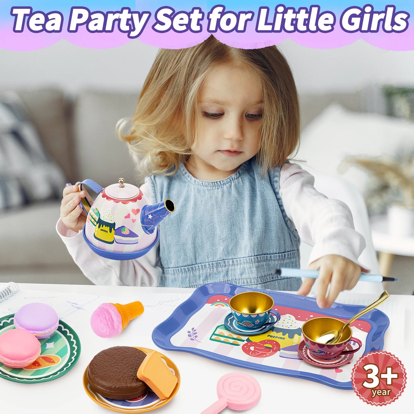 WISESTAR Tea Party Set for Little Girls, 50 Pcs Kids Tea Set, Ages 3-10