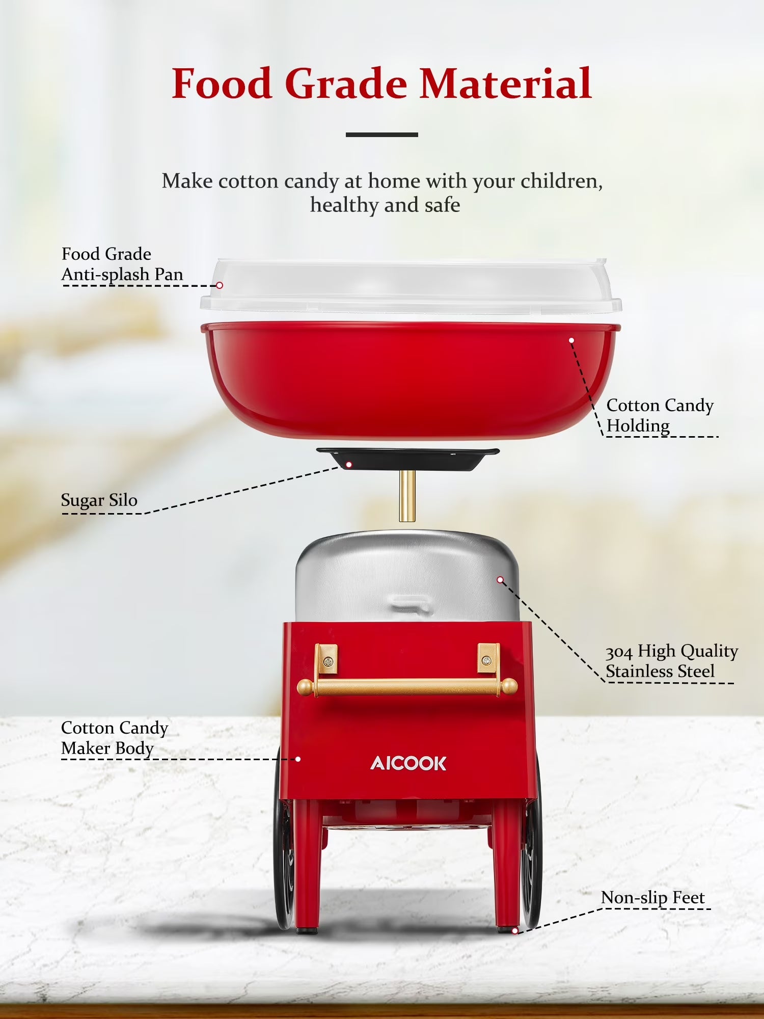 Cotton Candy Machine, Cotton Candy Maker for Kids with Candy Spoon and 10 Candy Sticks, Christmas Red, FOHERE