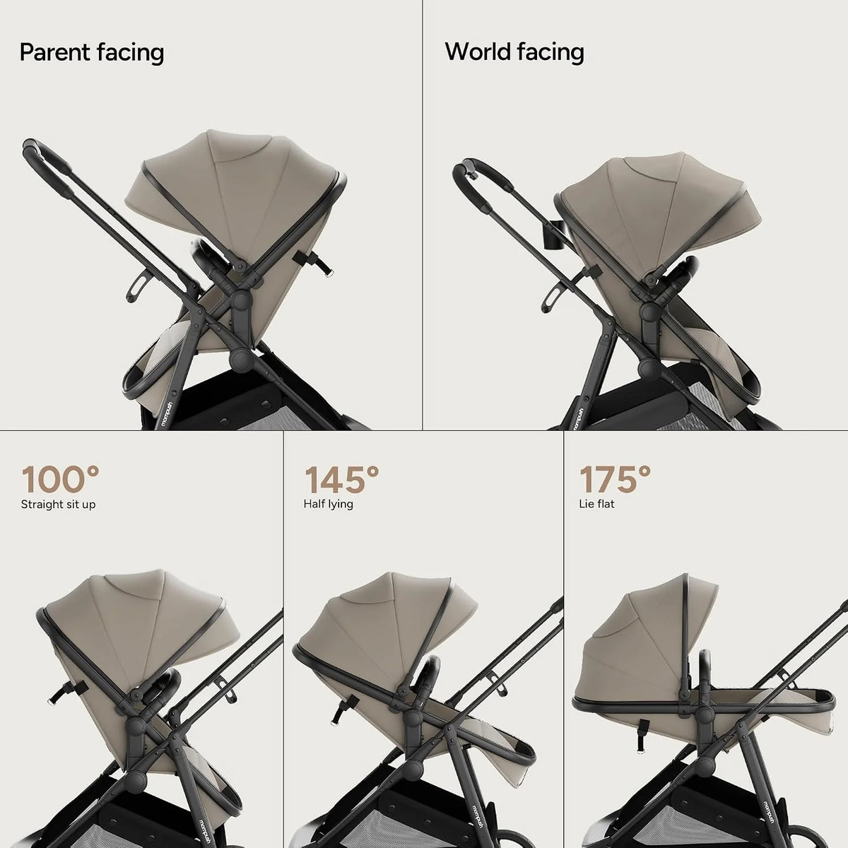 Mompush Wiz 2-In-1 Baby Stroller with Bassinet Mode, Reversible Seat and Large Canopy, Khaki, 22.3LB, Unisex