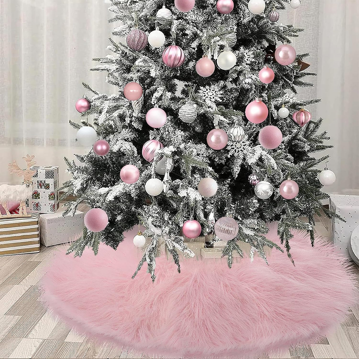 Pink Fur Tree Skirt, 36 Inch Faux Fur Fluffy Christmas Tree Skirt